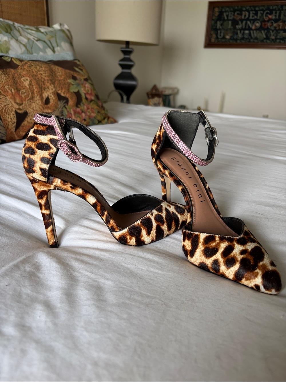 Gianni Bini Leopard Print Pointed Toe Heels with Pink Rhinestone Ankle Strap